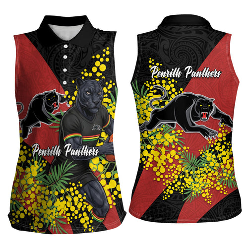 Penrith Panthers Women Sleeveless Polo Shirt Golden Wattle Floral Polynesian - Australian Flower - Rugby Mascot