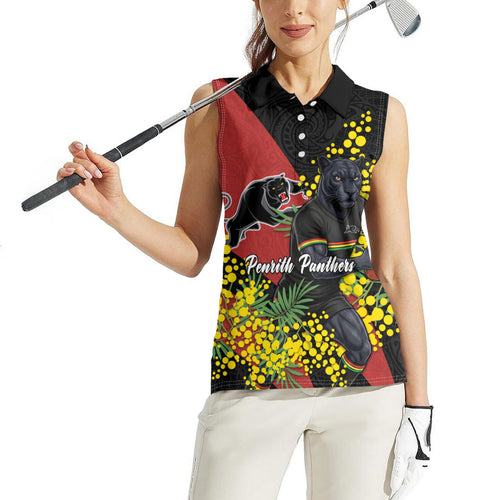 Penrith Panthers Women Sleeveless Polo Shirt Golden Wattle Floral Polynesian - Australian Flower - Rugby Mascot