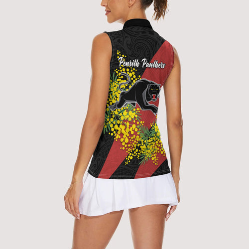 Penrith Panthers Women Sleeveless Polo Shirt Golden Wattle Floral Polynesian - Australian Flower - Rugby Mascot