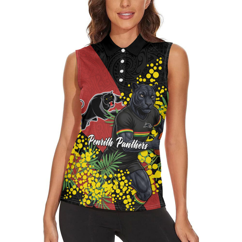 Penrith Panthers Women Sleeveless Polo Shirt Golden Wattle Floral Polynesian - Australian Flower - Rugby Mascot