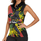Penrith Panthers Women Sleeveless Polo Shirt Golden Wattle Floral Polynesian - Australian Flower - Rugby Mascot