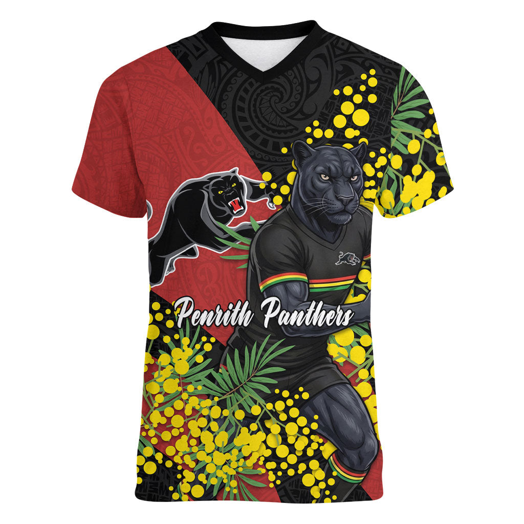 Penrith Panthers Women V-Neck T-Shirt Golden Wattle Floral Polynesian - Australian Flower - Rugby Mascot