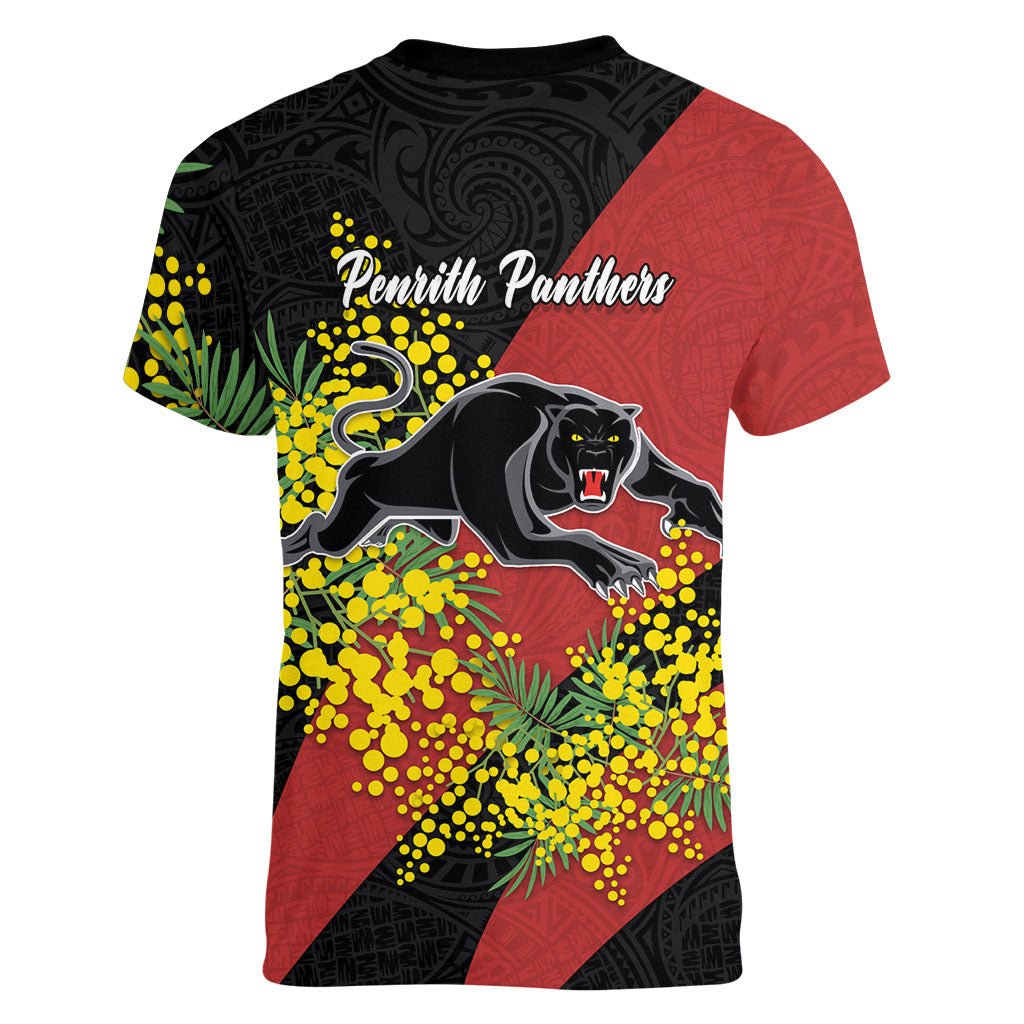 Penrith Panthers Women V-Neck T-Shirt Golden Wattle Floral Polynesian - Australian Flower - Rugby Mascot
