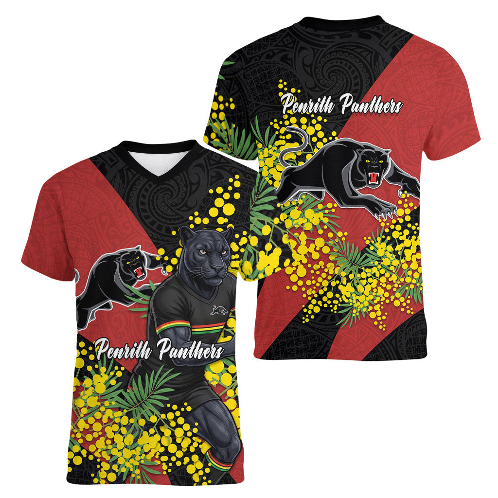 Penrith Panthers Women V-Neck T-Shirt Golden Wattle Floral Polynesian - Australian Flower - Rugby Mascot