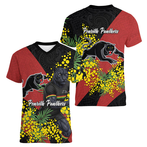 Penrith Panthers Women V-Neck T-Shirt Golden Wattle Floral Polynesian - Australian Flower - Rugby Mascot