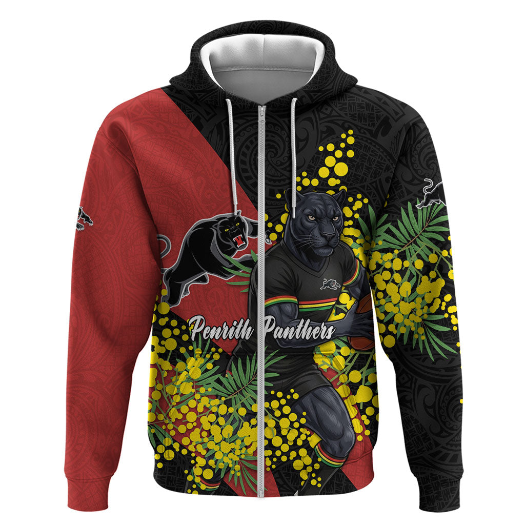 Penrith Panthers Zip Hoodie Golden Wattle Floral Polynesian - Australian Flower - Rugby Mascot