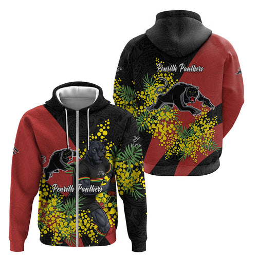 Penrith Panthers Zip Hoodie Golden Wattle Floral Polynesian - Australian Flower - Rugby Mascot