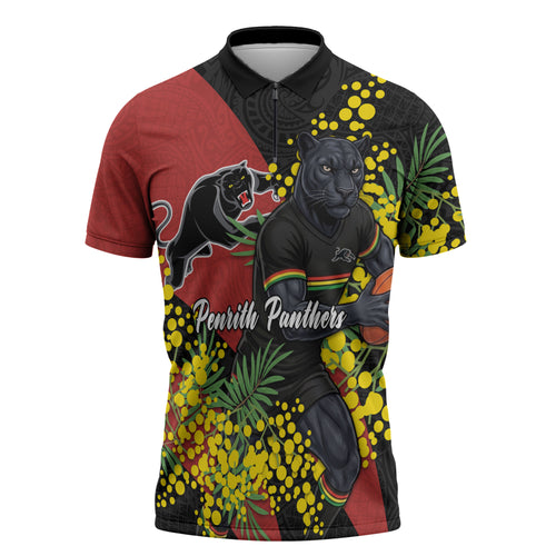Penrith Panthers Zipper Polo Shirt Golden Wattle Floral Polynesian - Australian Flower - Rugby Mascot