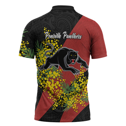 Penrith Panthers Zipper Polo Shirt Golden Wattle Floral Polynesian - Australian Flower - Rugby Mascot