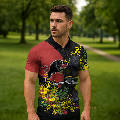 Penrith Panthers Zipper Polo Shirt Golden Wattle Floral Polynesian - Australian Flower - Rugby Mascot