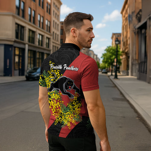 Penrith Panthers Zipper Polo Shirt Golden Wattle Floral Polynesian - Australian Flower - Rugby Mascot