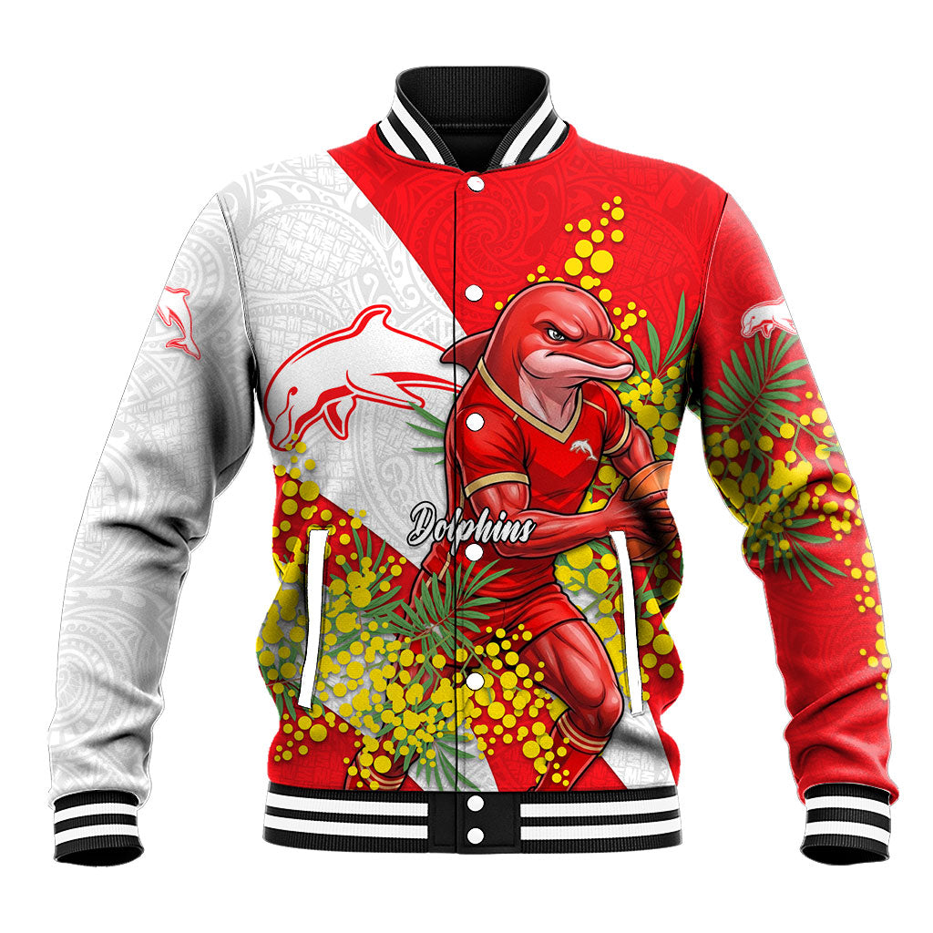 Dolphins Baseball Jacket Golden Wattle Floral Polynesian - Australian Flower - Rugby Mascot