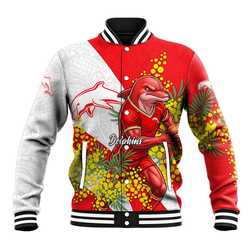 Dolphins Baseball Jacket Golden Wattle Floral Polynesian - Australian Flower - Rugby Mascot