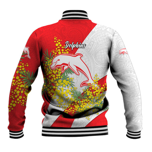 Dolphins Baseball Jacket Golden Wattle Floral Polynesian - Australian Flower - Rugby Mascot