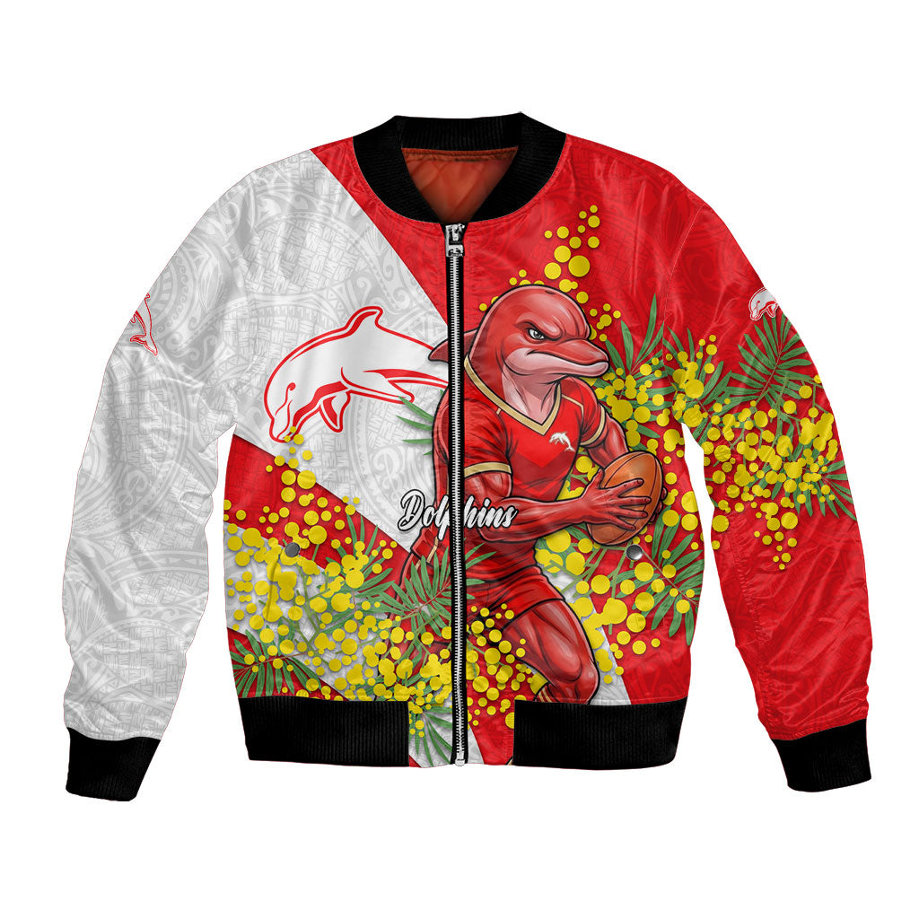 Dolphins Bomber Jacket Golden Wattle Floral Polynesian - Australian Flower - Rugby Mascot