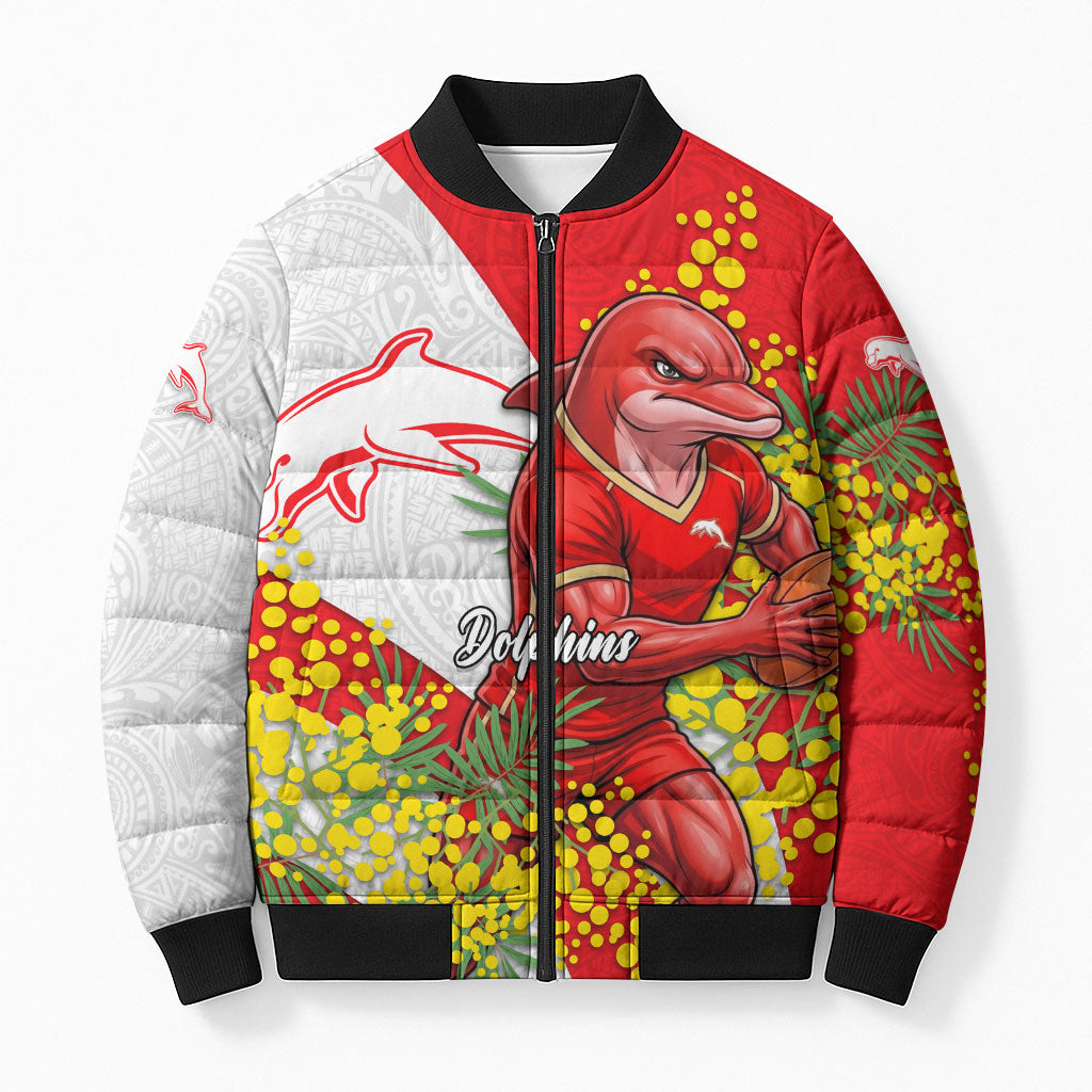 Dolphins Bomber Puffer Jacket Golden Wattle Floral Polynesian - Australian Flower - Rugby Mascot