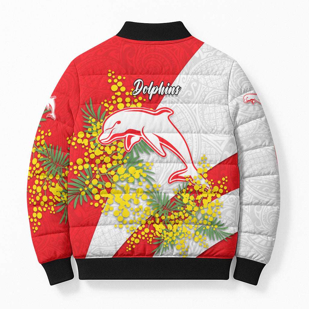 Dolphins Bomber Puffer Jacket Golden Wattle Floral Polynesian - Australian Flower - Rugby Mascot