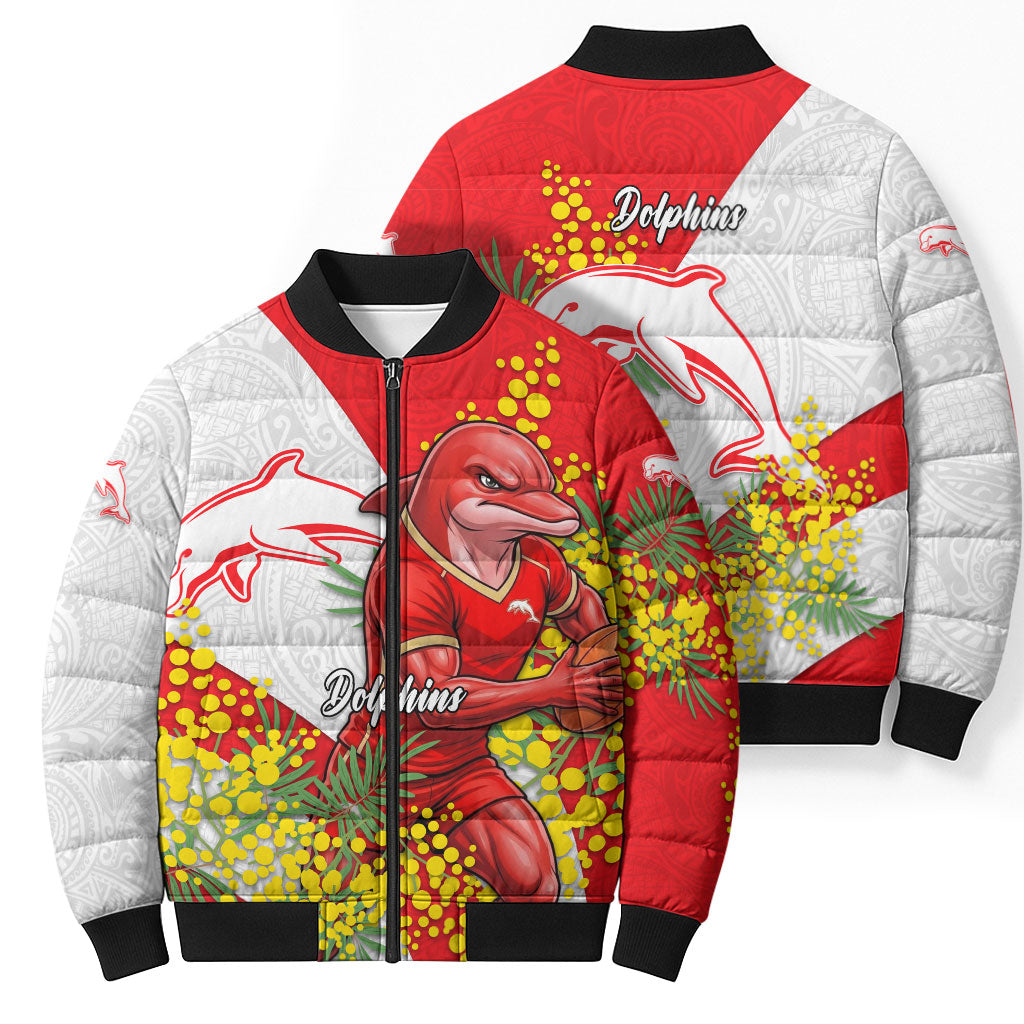 Dolphins Bomber Puffer Jacket Golden Wattle Floral Polynesian - Australian Flower - Rugby Mascot