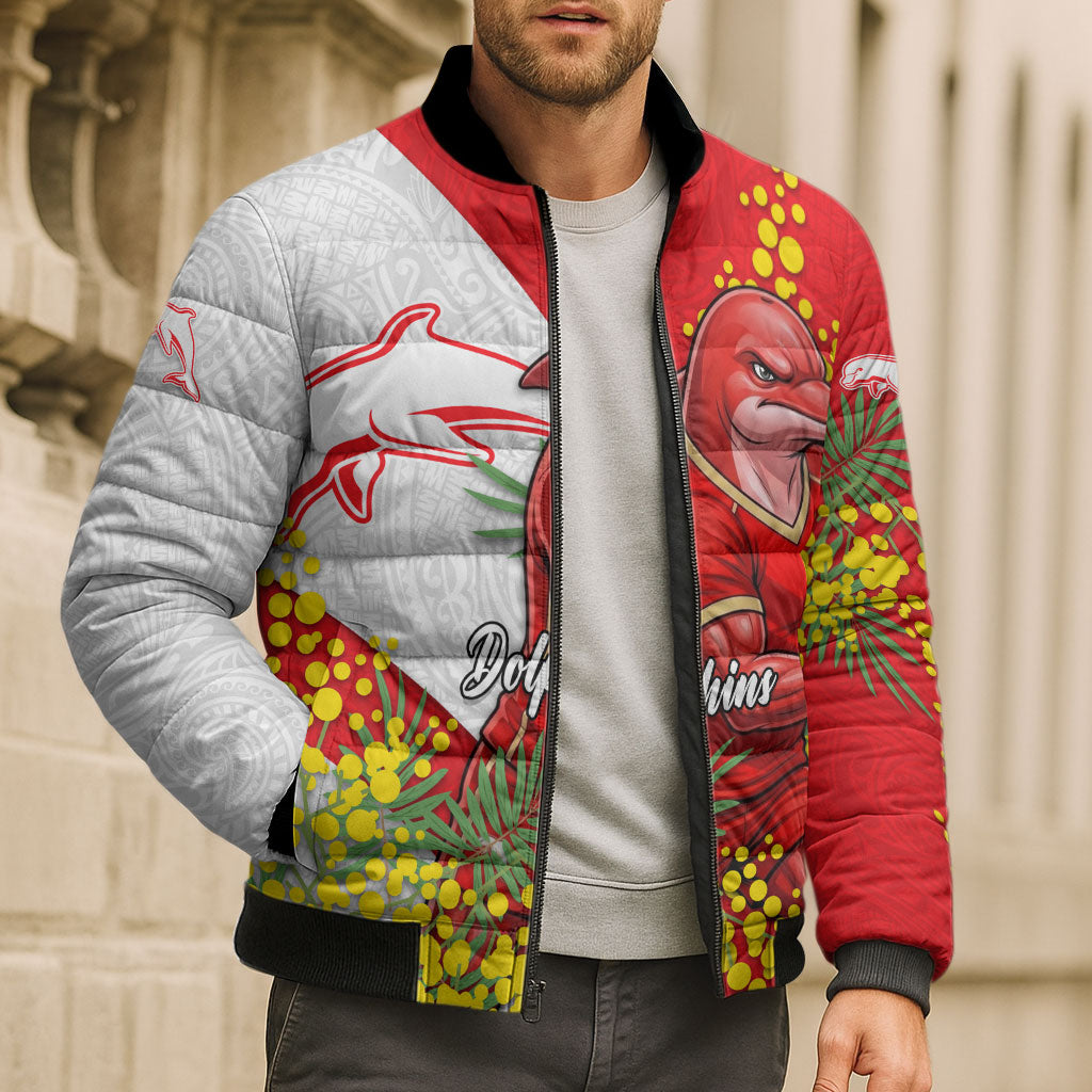 Dolphins Bomber Puffer Jacket Golden Wattle Floral Polynesian - Australian Flower - Rugby Mascot