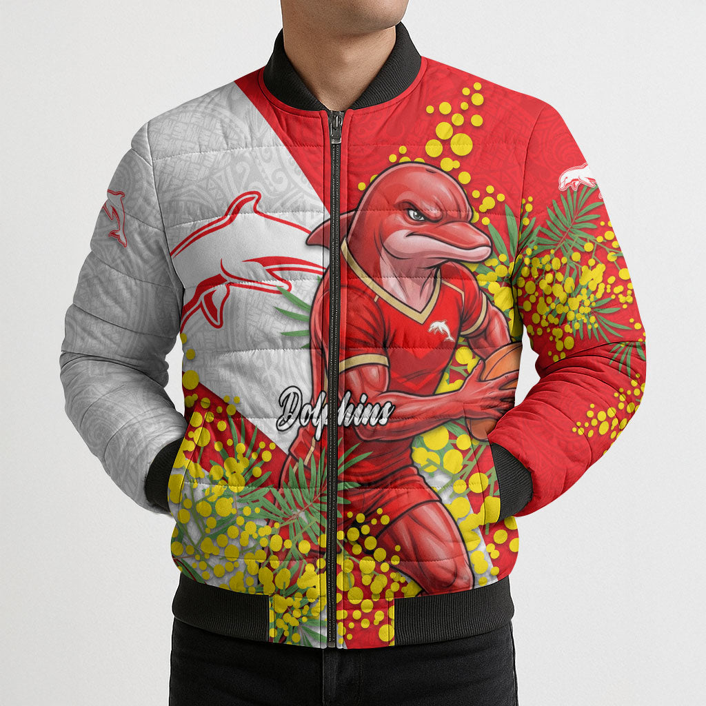 Dolphins Bomber Puffer Jacket Golden Wattle Floral Polynesian - Australian Flower - Rugby Mascot