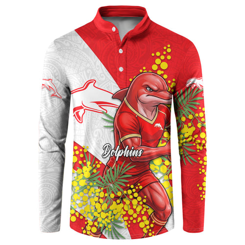 Dolphins Button Sweatshirt Golden Wattle Floral Polynesian - Australian Flower - Rugby Mascot