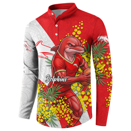 Dolphins Button Sweatshirt Golden Wattle Floral Polynesian - Australian Flower - Rugby Mascot
