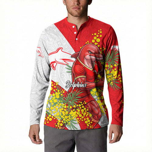 Dolphins Button Sweatshirt Golden Wattle Floral Polynesian - Australian Flower - Rugby Mascot