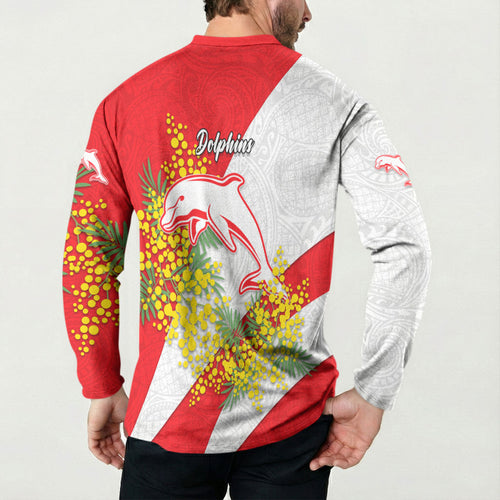 Dolphins Button Sweatshirt Golden Wattle Floral Polynesian - Australian Flower - Rugby Mascot