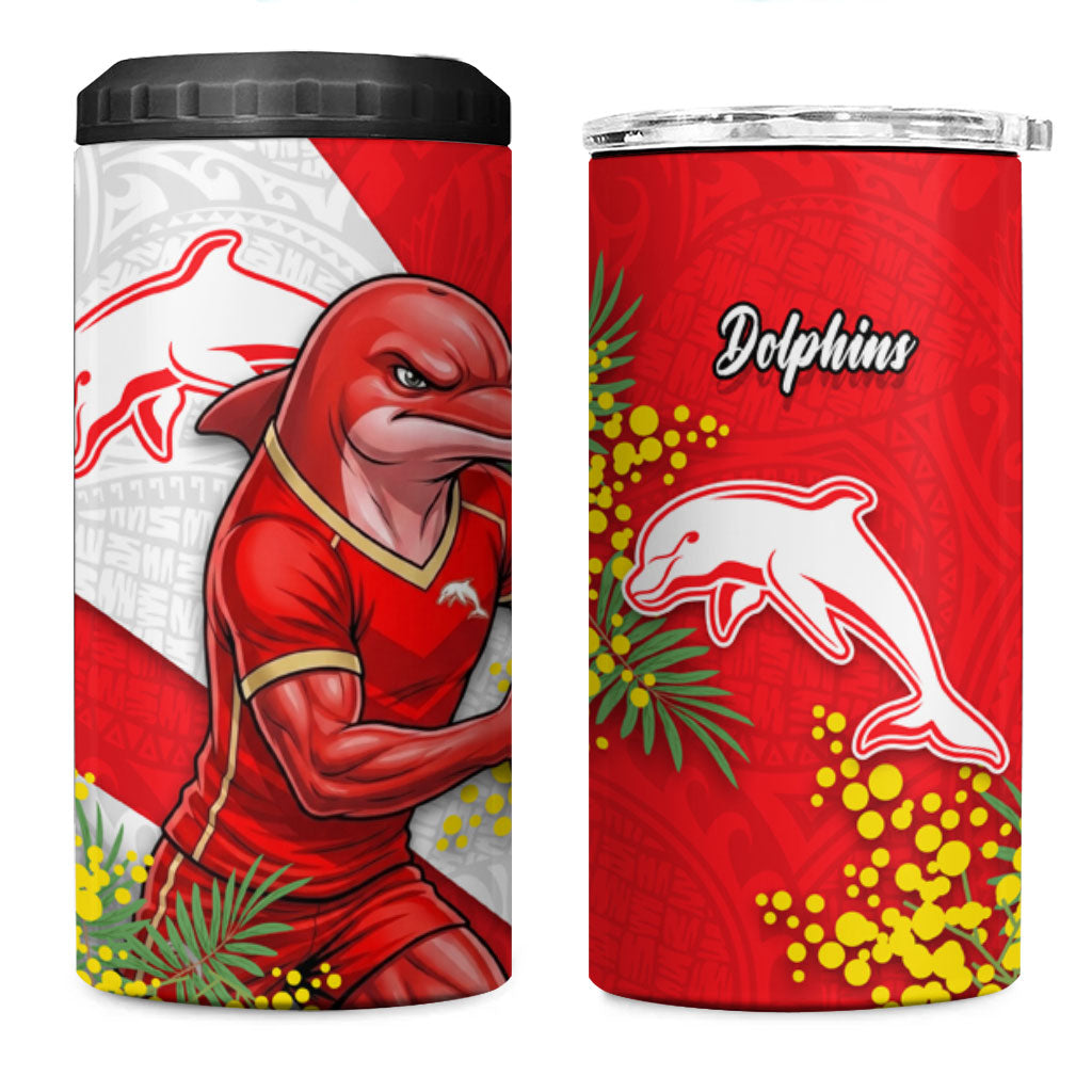 Dolphins 4 in 1 Can Cooler Tumbler Golden Wattle Floral Polynesian - Australian Flower - Rugby Mascot