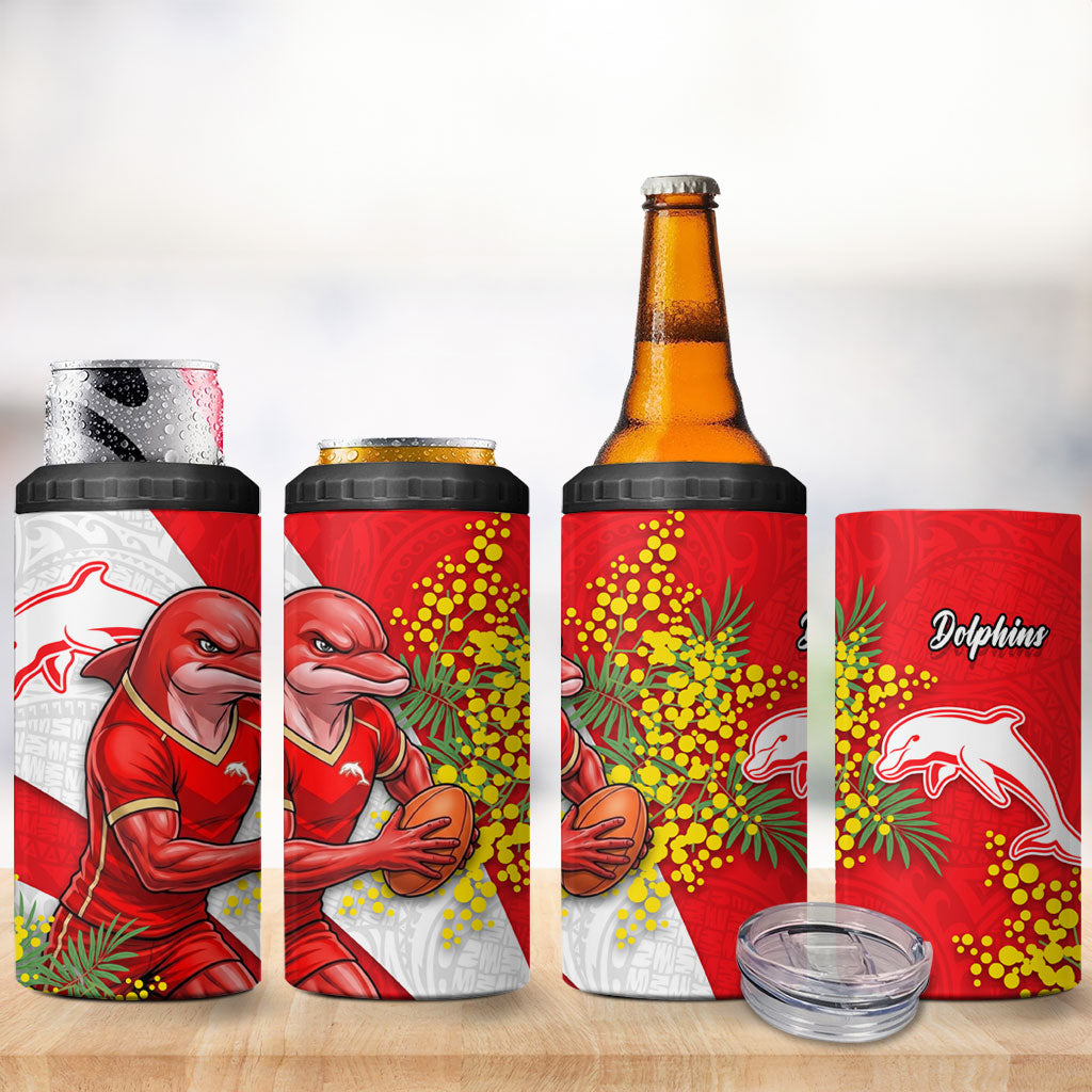 Dolphins 4 in 1 Can Cooler Tumbler Golden Wattle Floral Polynesian - Australian Flower - Rugby Mascot