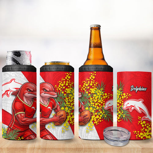 Dolphins 4 in 1 Can Cooler Tumbler Golden Wattle Floral Polynesian - Australian Flower - Rugby Mascot