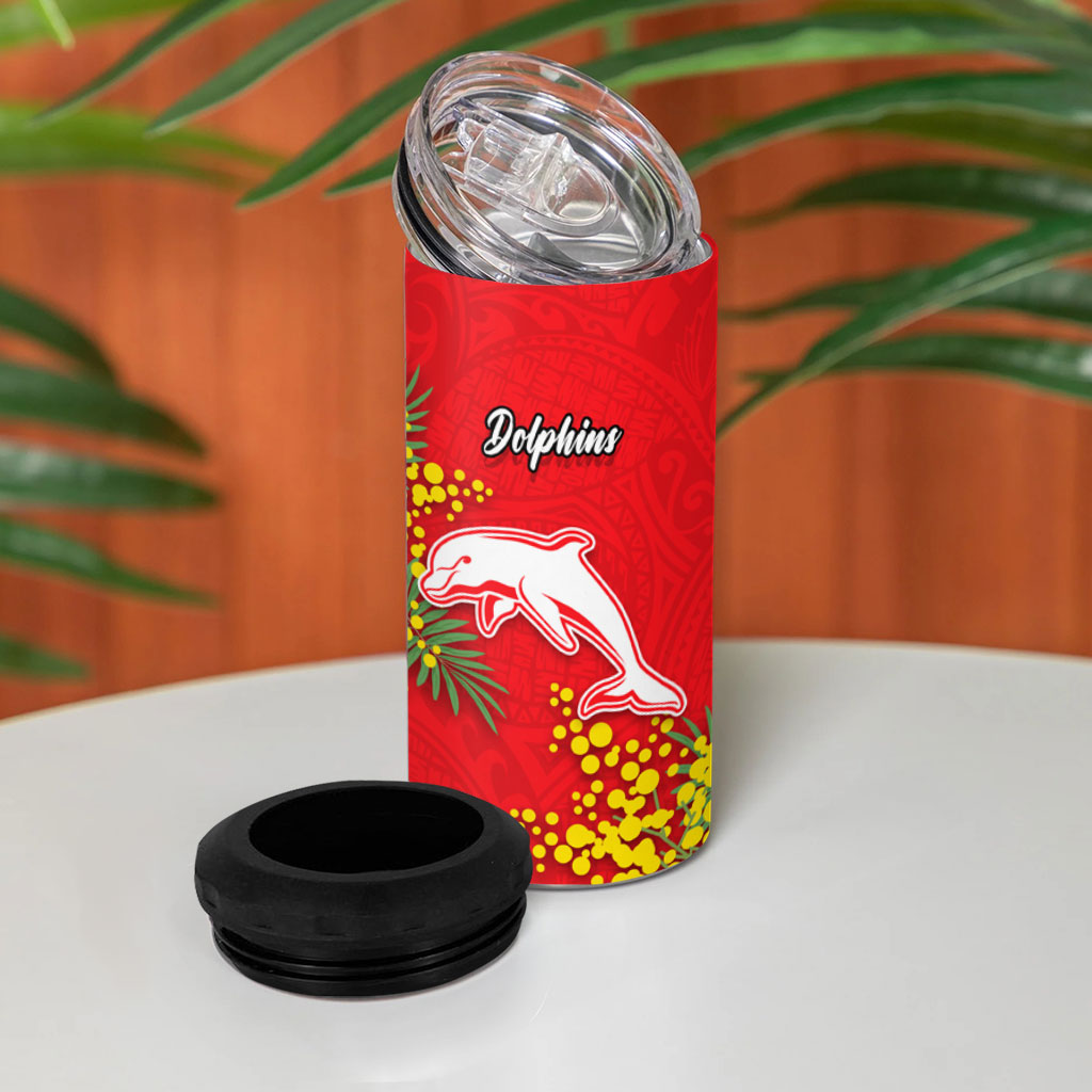 Dolphins 4 in 1 Can Cooler Tumbler Golden Wattle Floral Polynesian - Australian Flower - Rugby Mascot