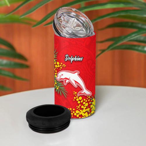 Dolphins 4 in 1 Can Cooler Tumbler Golden Wattle Floral Polynesian - Australian Flower - Rugby Mascot
