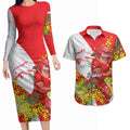 Dolphins Couples Matching Long Sleeve Bodycon Dress and Hawaiian Shirt Golden Wattle Floral Polynesian - Australian Flower - Rugby Mascot