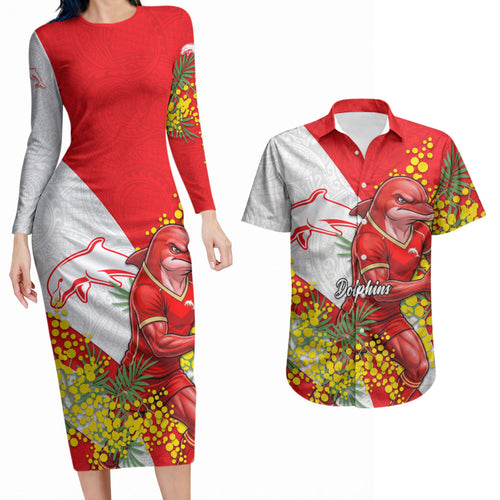 Dolphins Couples Matching Long Sleeve Bodycon Dress and Hawaiian Shirt Golden Wattle Floral Polynesian - Australian Flower - Rugby Mascot