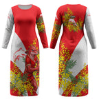 Dolphins Couples Matching Long Sleeve Bodycon Dress and Hawaiian Shirt Golden Wattle Floral Polynesian - Australian Flower - Rugby Mascot