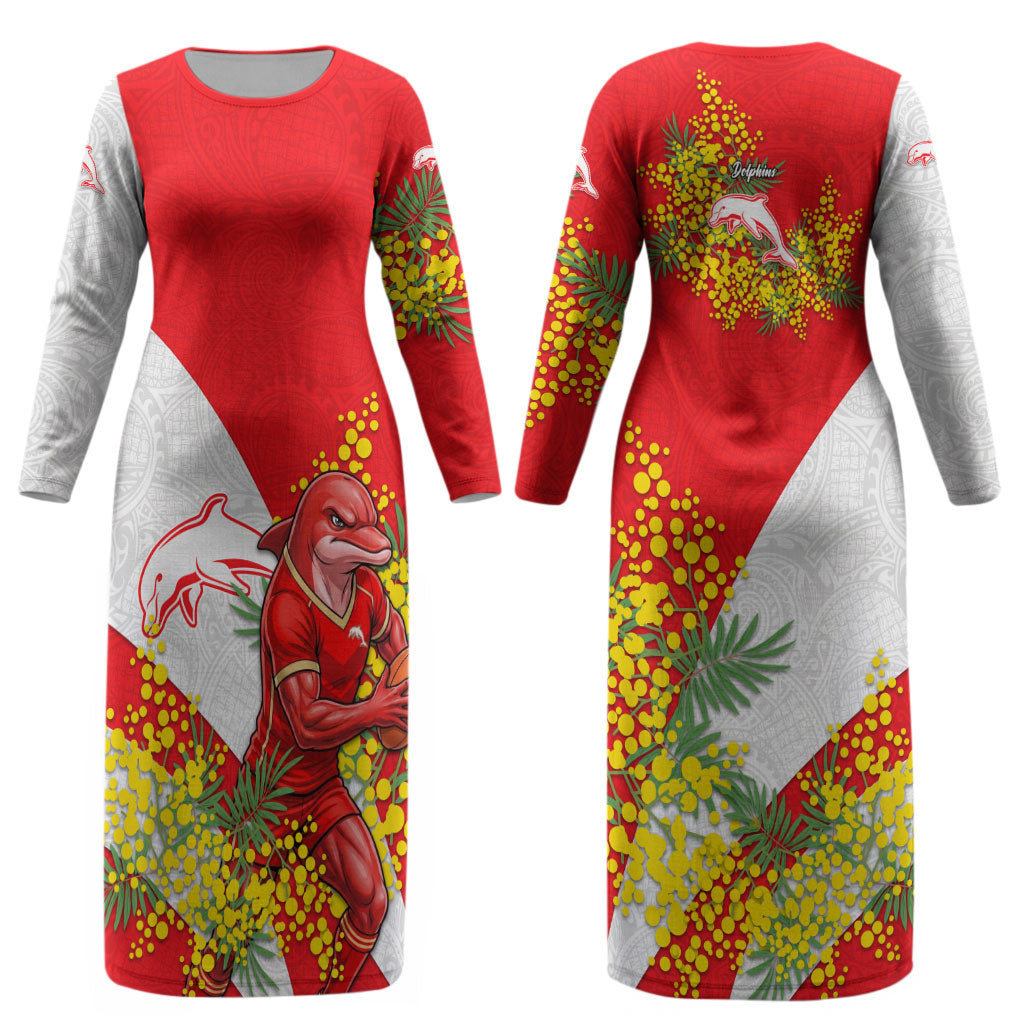 Dolphins Couples Matching Long Sleeve Bodycon Dress and Hawaiian Shirt Golden Wattle Floral Polynesian - Australian Flower - Rugby Mascot