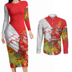 Dolphins Couples Matching Long Sleeve Bodycon Dress and Long Sleeve Button Shirt Golden Wattle Floral Polynesian - Australian Flower - Rugby Mascot
