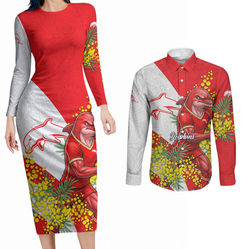 Dolphins Couples Matching Long Sleeve Bodycon Dress and Long Sleeve Button Shirt Golden Wattle Floral Polynesian - Australian Flower - Rugby Mascot