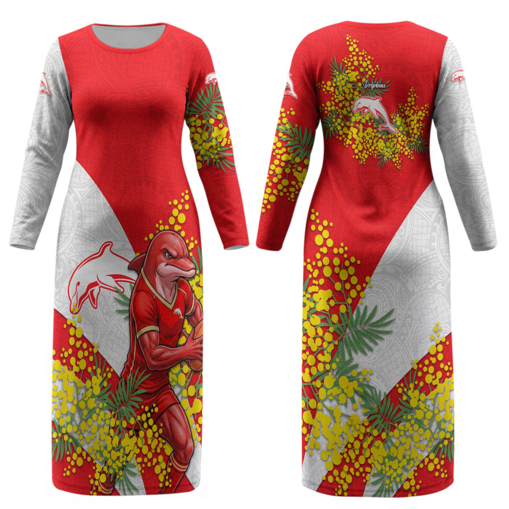 Dolphins Couples Matching Long Sleeve Bodycon Dress and Long Sleeve Button Shirt Golden Wattle Floral Polynesian - Australian Flower - Rugby Mascot
