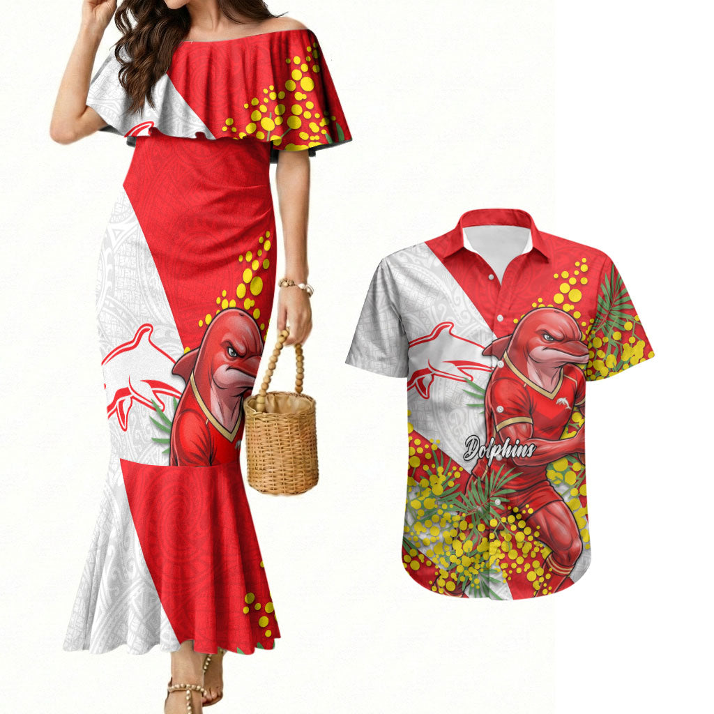 Dolphins Couples Matching Mermaid Dress and Hawaiian Shirt Golden Wattle Floral Polynesian - Australian Flower - Rugby Mascot