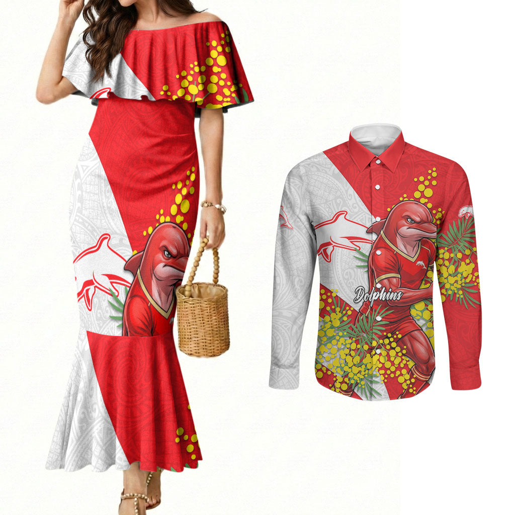 Dolphins Couples Matching Mermaid Dress and Long Sleeve Button Shirt Golden Wattle Floral Polynesian - Australian Flower - Rugby Mascot
