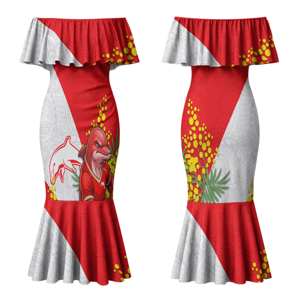 Dolphins Couples Matching Mermaid Dress and Long Sleeve Button Shirt Golden Wattle Floral Polynesian - Australian Flower - Rugby Mascot