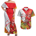 Dolphins Couples Matching Off Shoulder Maxi Dress and Hawaiian Shirt Golden Wattle Floral Polynesian - Australian Flower - Rugby Mascot