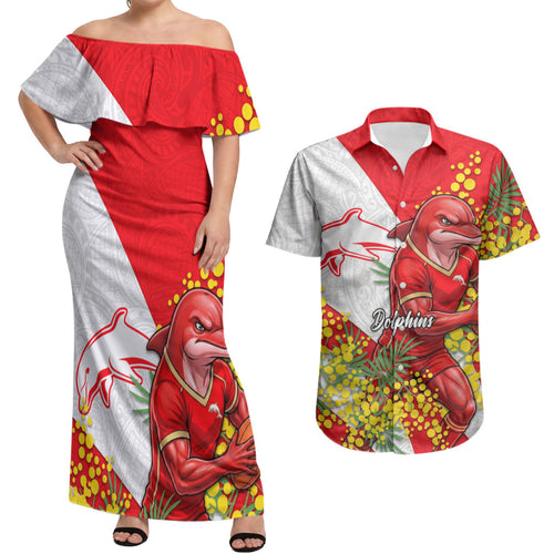 Dolphins Couples Matching Off Shoulder Maxi Dress and Hawaiian Shirt Golden Wattle Floral Polynesian - Australian Flower - Rugby Mascot