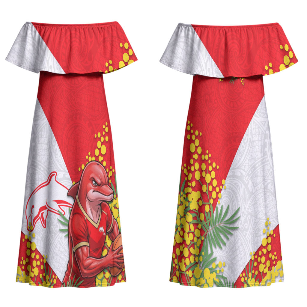 Dolphins Couples Matching Off Shoulder Maxi Dress and Hawaiian Shirt Golden Wattle Floral Polynesian - Australian Flower - Rugby Mascot