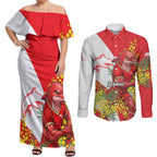 Dolphins Couples Matching Off Shoulder Maxi Dress and Long Sleeve Button Shirt Golden Wattle Floral Polynesian - Australian Flower - Rugby Mascot
