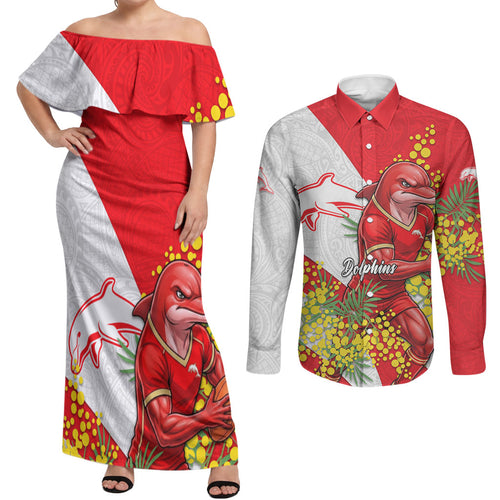 Dolphins Couples Matching Off Shoulder Maxi Dress and Long Sleeve Button Shirt Golden Wattle Floral Polynesian - Australian Flower - Rugby Mascot