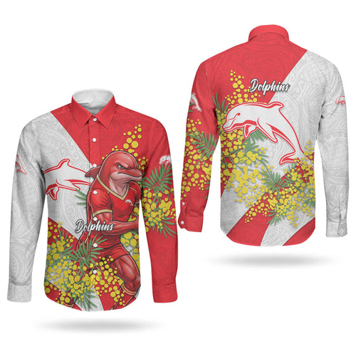 Dolphins Couples Matching Off Shoulder Maxi Dress and Long Sleeve Button Shirt Golden Wattle Floral Polynesian - Australian Flower - Rugby Mascot