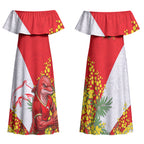 Dolphins Couples Matching Off Shoulder Maxi Dress and Long Sleeve Button Shirt Golden Wattle Floral Polynesian - Australian Flower - Rugby Mascot